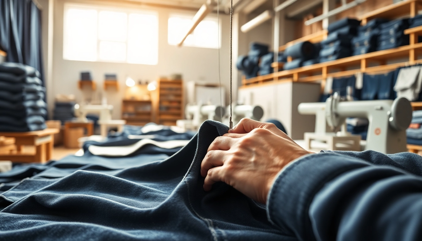 Handcrafting jeans manufacturers in a denim factory workshop showcasing expert artisans.