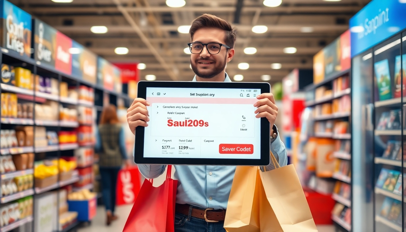 Discover great savings with Coupon Code displayed on a tablet in a vibrant shopping environment.