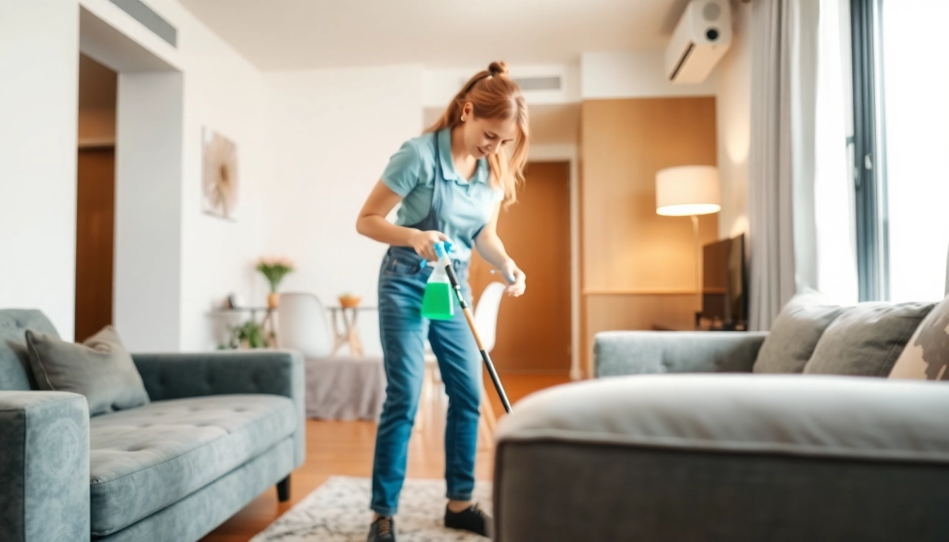 Showcase of bond cleaning Brisbane with a professional cleaner shining a modern apartment post-clean.