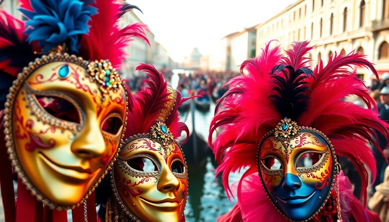 Crowds wearing ornate masks celebrating the Venice Carnival in the picturesque city of Venice.