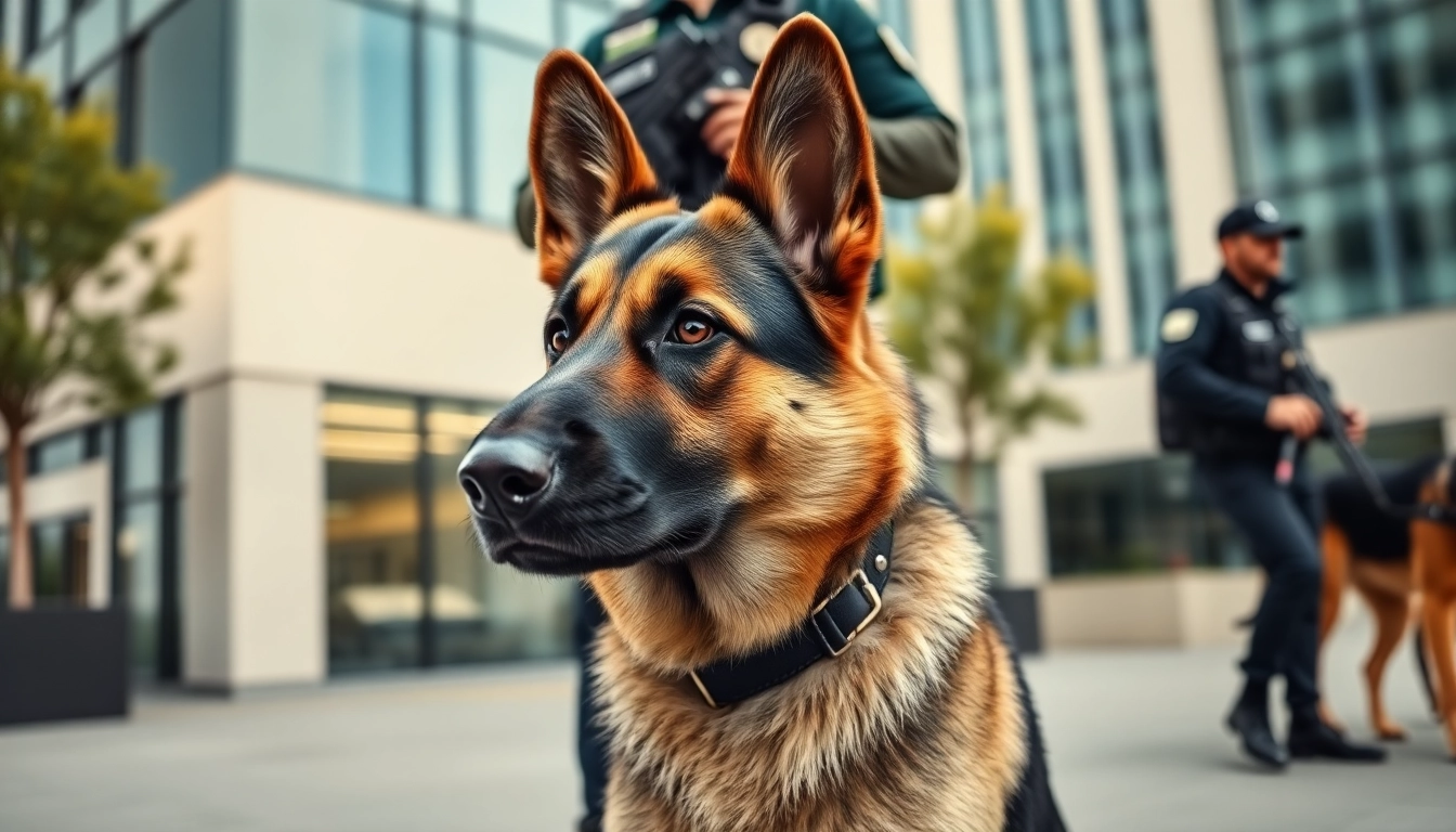 Showcasing Security Dog Services Coventry with a trained dog and handler in action on a corporate property.