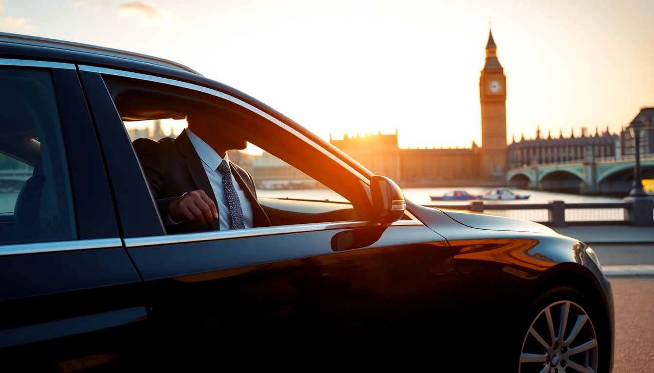 Elegant london chauffeur opening a luxury car door against the London skyline.