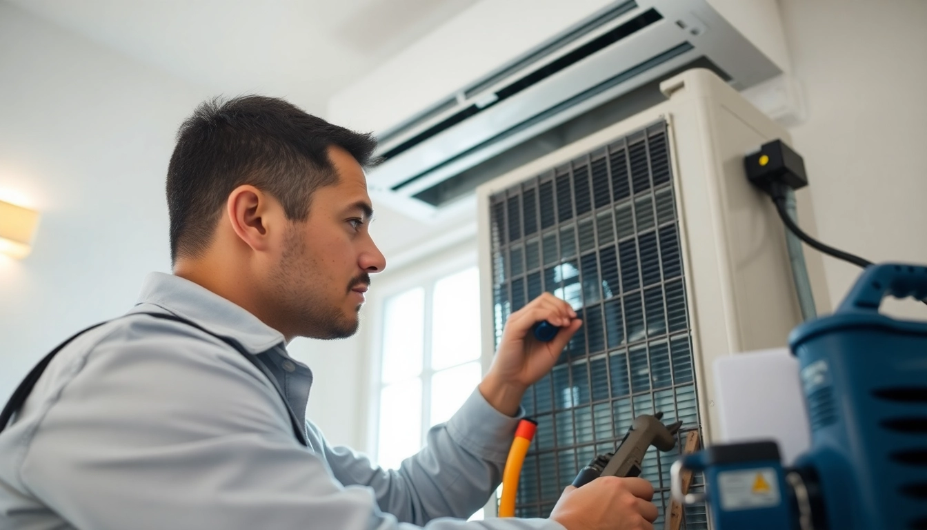 Repair HVAC Palm Desert CA technician fixing an air conditioning unit in a home setting.