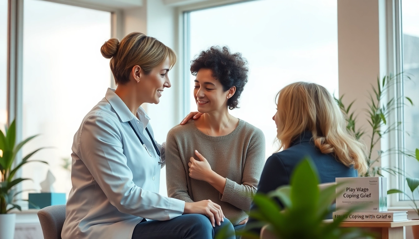 Supporting someone dealing with grief in a calm and inviting office setting.