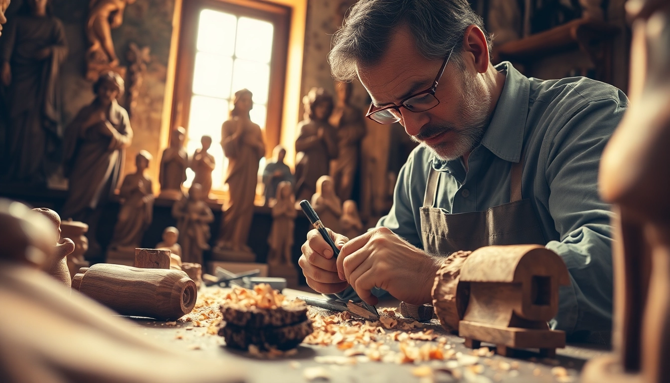 Showcasing olive wood carvings being crafted by hand, highlighting artistry and tradition.
