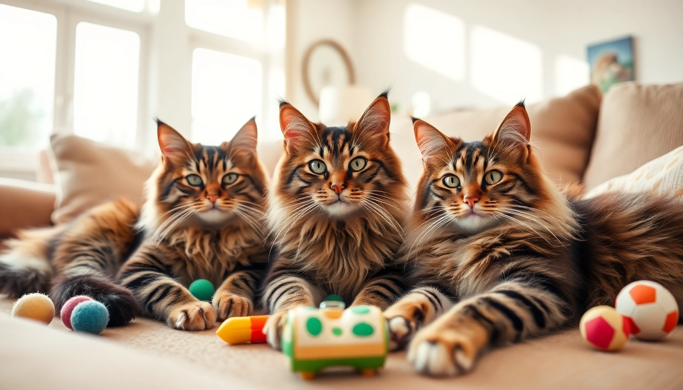 Adopt Maine Coon cats for sale near me enjoying a sunny living room with toys.