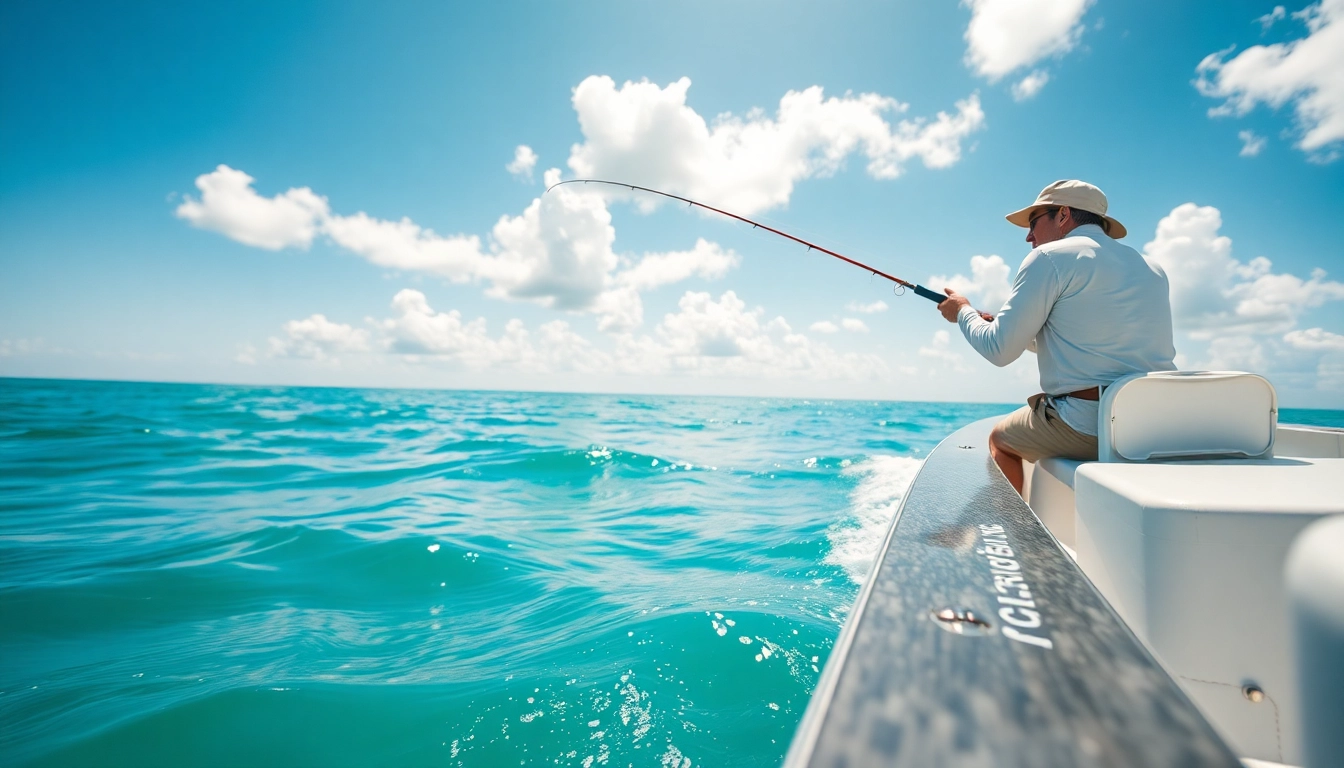 Catch saltwater fly fishing action with an angler casting in clear ocean waters.
