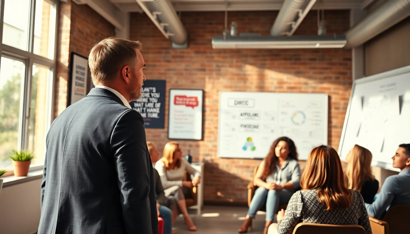 Business coach near me leading an engaging session with entrepreneurs in a conference room.