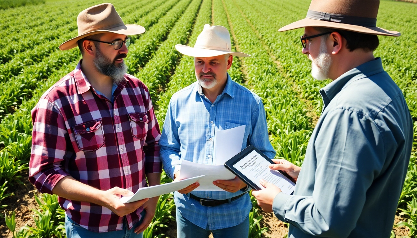 A legal consultant advising on agricultural law in a vibrant green field with crops.