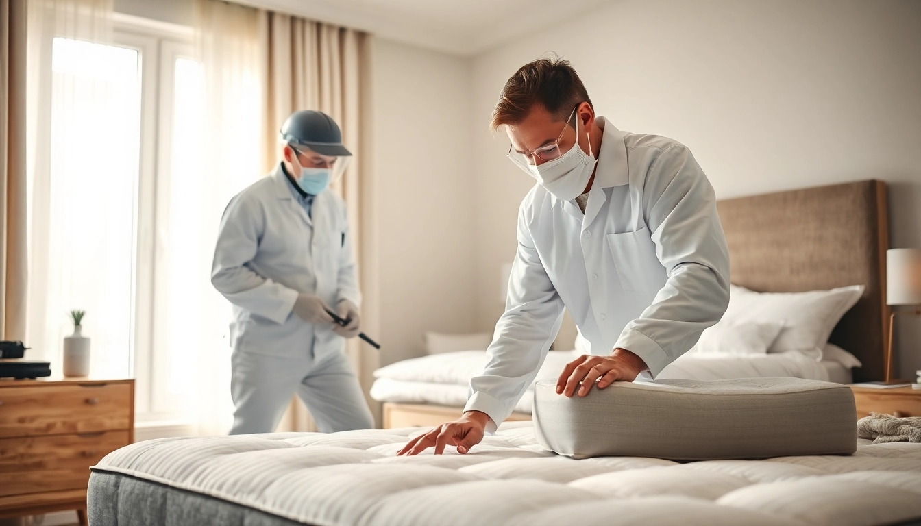 Effective bed bug removal process demonstrated by a professional examining a modern bedroom.