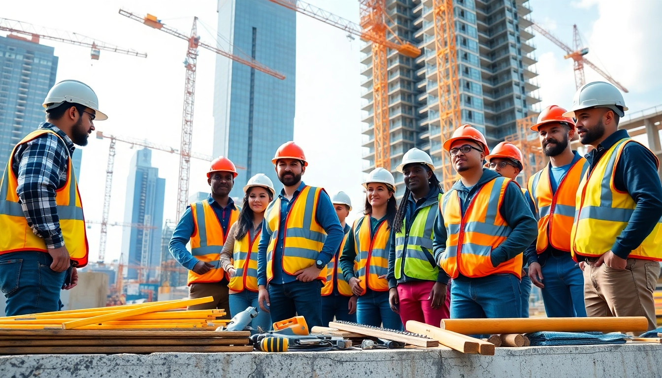 Careers in construction highlighting teamwork and activity at a lively job site.
