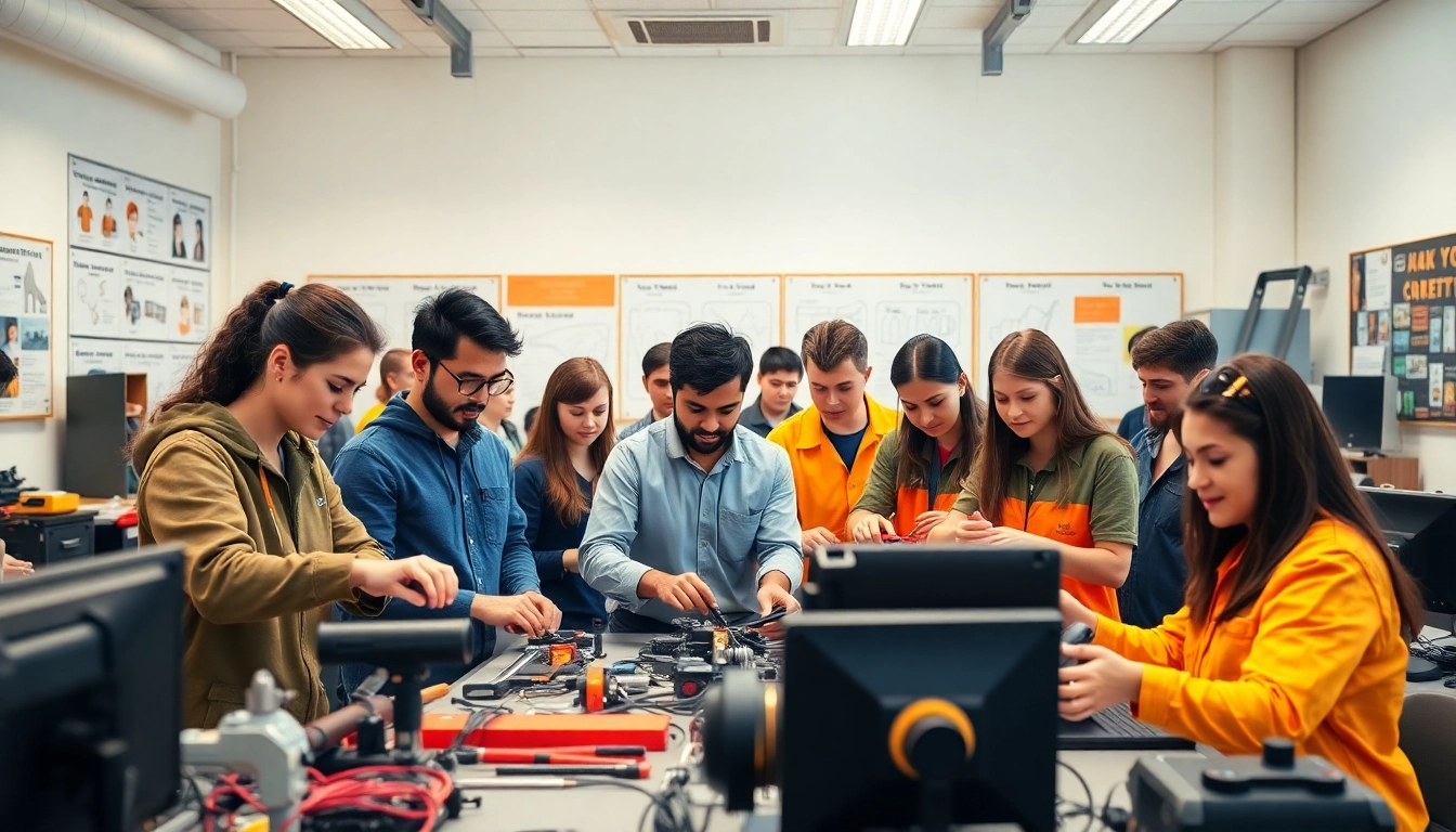 Students collaborating in a trade school classroom in southern California on a technical project.