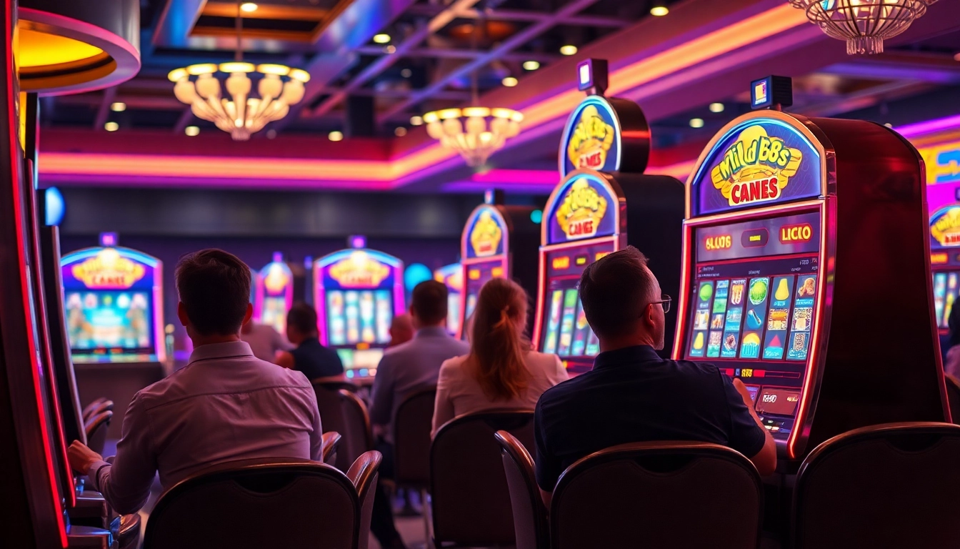 Mainkan mild88 slot di dalam suasana kasino yang penuh semangat dengan pencahayaan dinamis.